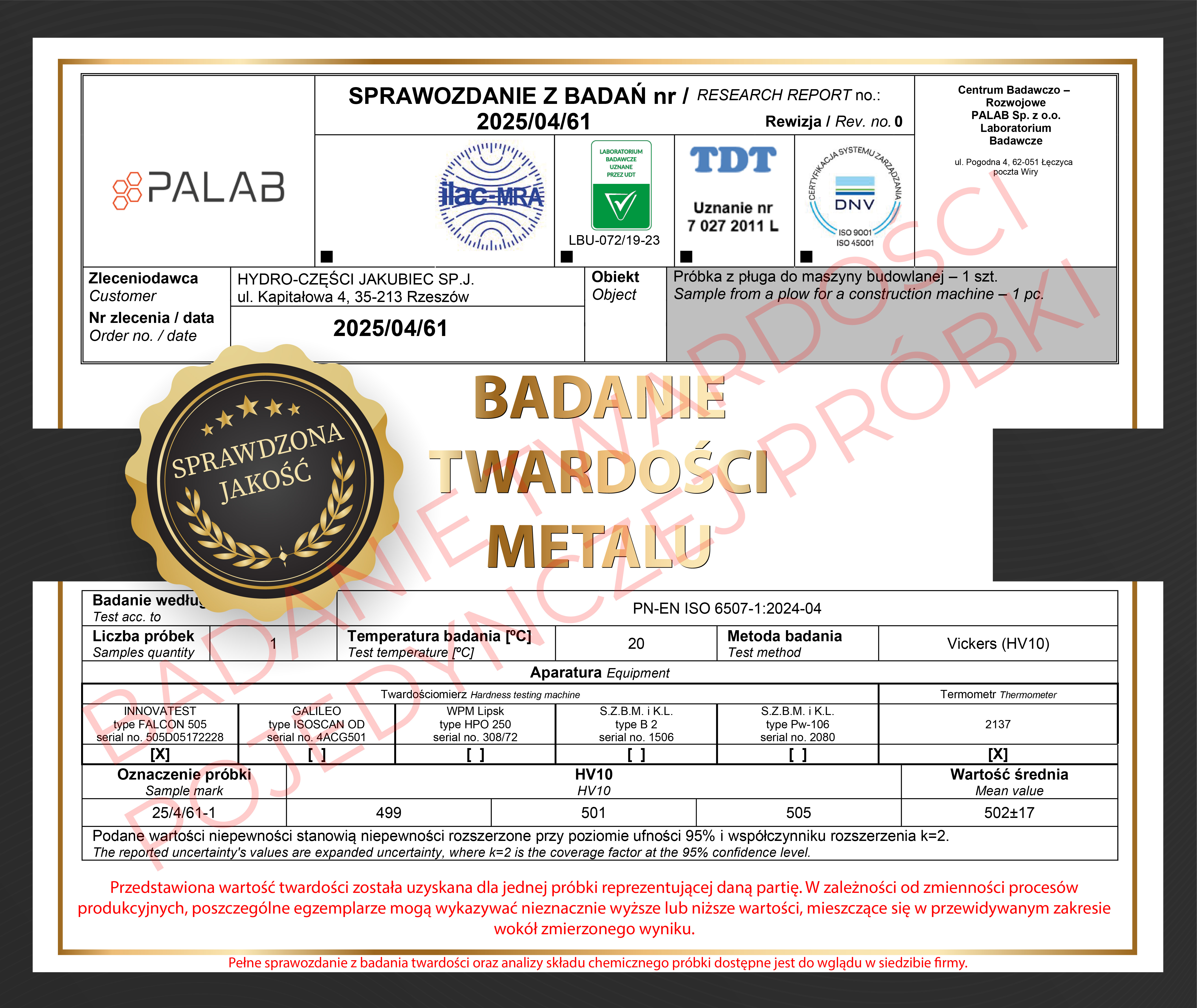 Potwierdzenie badania twardości lemiesza pod zęby Hardox 500 do JCB 3CX