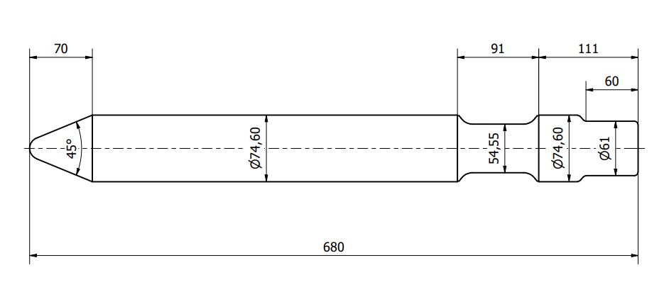Conical point hydraulic breaker chisel 75x680mm for JCB HM033T