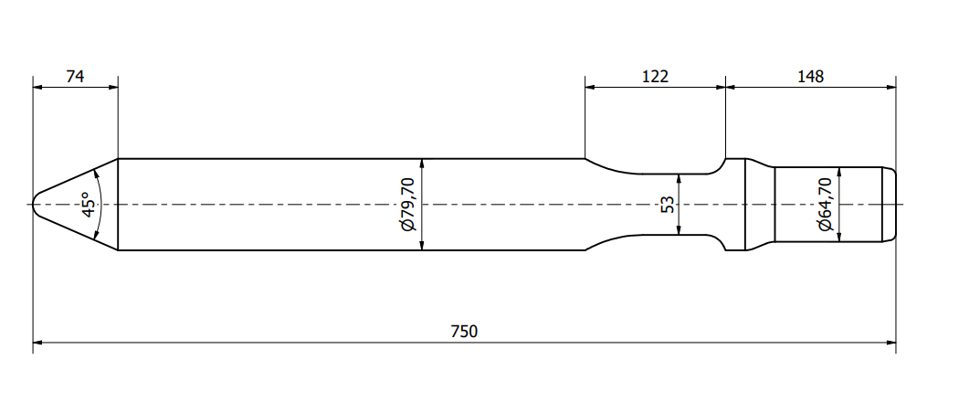Moil point hydraulic breaker chisel 80x750mm
